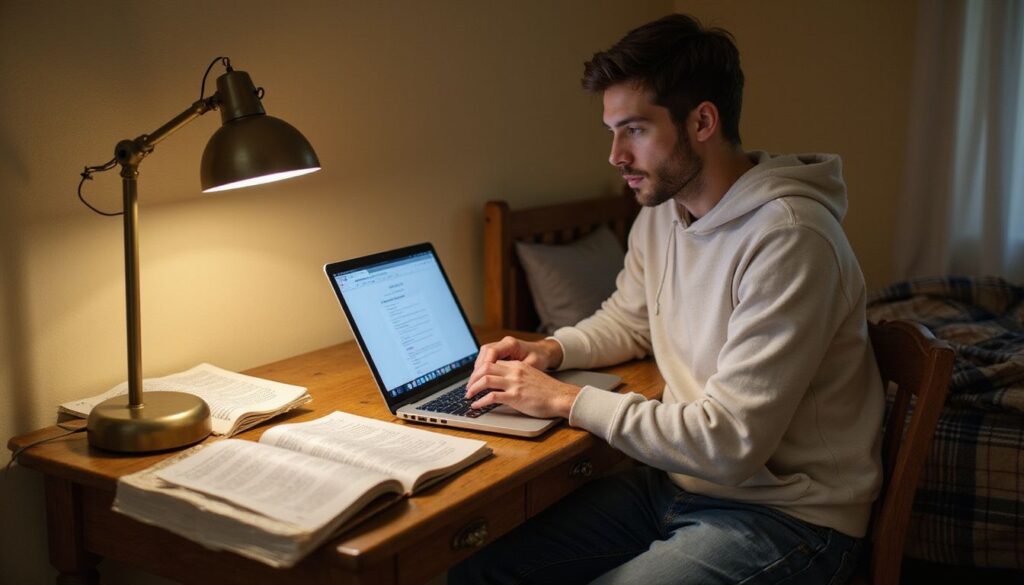 A college student studies intently at a wooden desk in their bedroom.