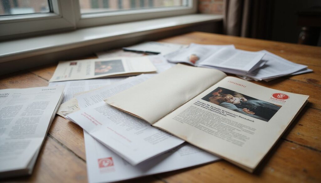 A cluttered table displays university brochures and course prospectuses.