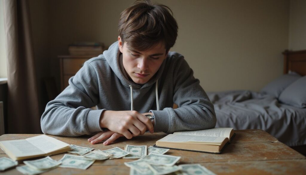 A stressed college student studies at a cluttered wooden desk.