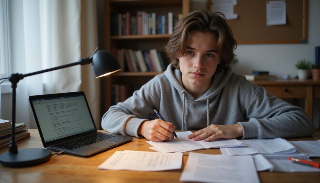 A focused teenage boy studies college admission materials at a desk.
